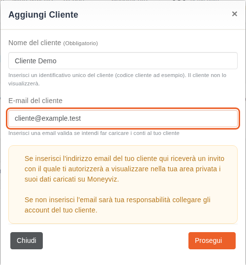 Finestra reale Aggiungi Cliente compilata con nome ed email dimostrativa