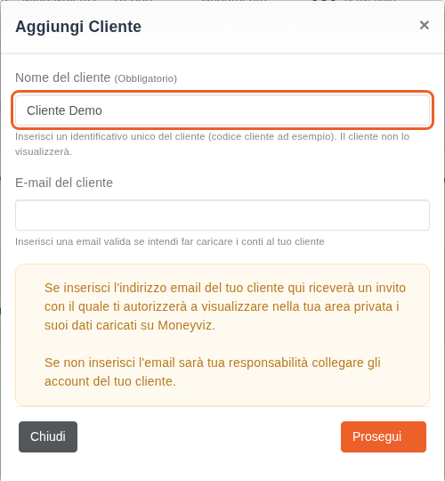 Finestra reale Aggiungi Cliente compilata solo con il nome