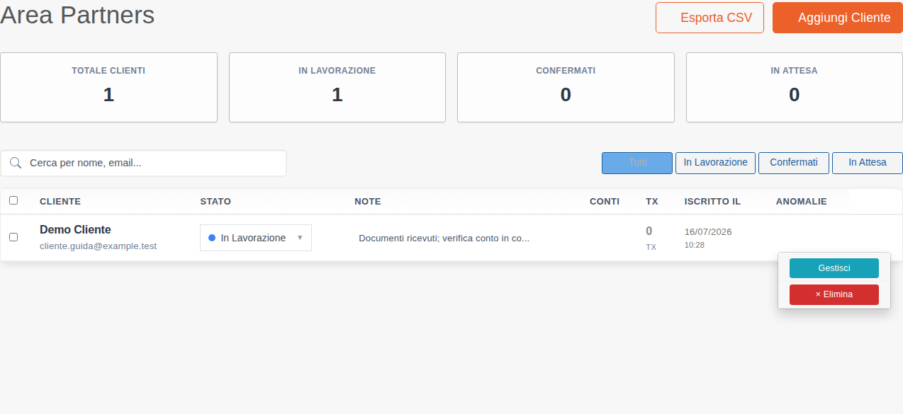 Menu reale del cliente con la voce Gestisci