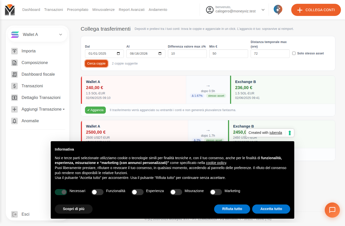 Pagina Collega trasferimenti: filtri in alto e, sotto, le card con le coppie suggerite di prelievo e deposito