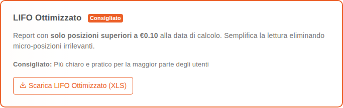 Card LIFO Ottimizzato con badge Consigliato e la regola solo posizioni oltre 0,10 euro
