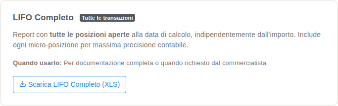 Card LIFO Completo con il pulsante di scarico del report integrale