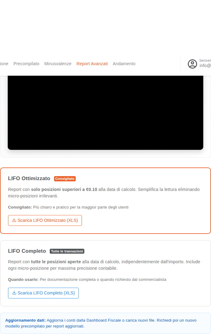 Panoramica del tab Ottimizzazione Fiscale con le card dei report LIFO e la video guida