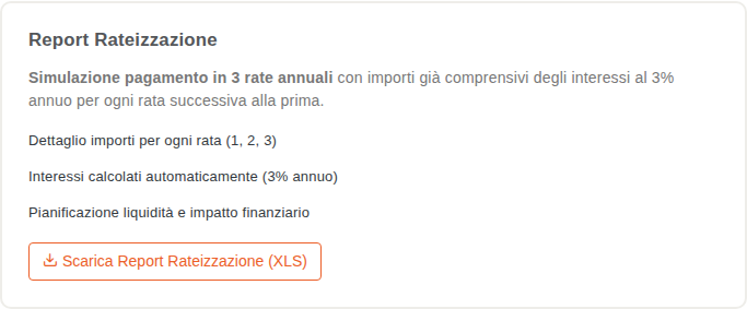 Card Report Rateizzazione con il piano di pagamento in 3 rate e interessi al 3%