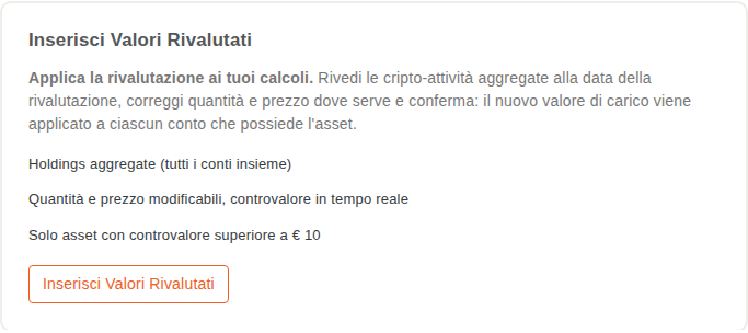 Card Inserisci Valori Rivalutati con la spiegazione di quantità non modificabile e prezzo correggibile
