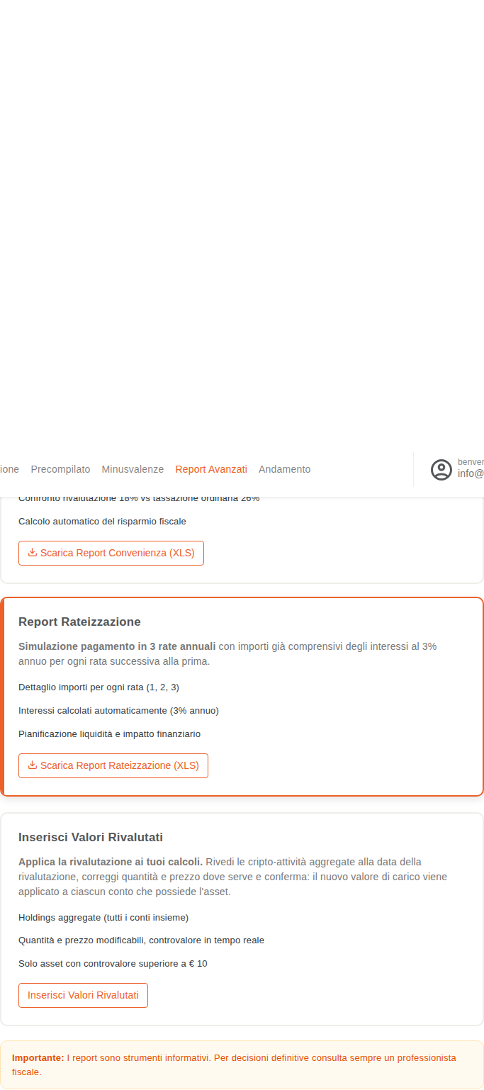 Panoramica del tab Rivalutazione 2025 con le tre card dei report e dell'inserimento valori